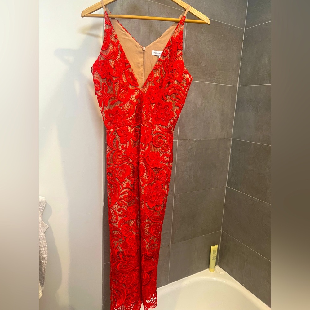 Dress The Population Marie Cherry Red Lace Floral Midi Sheath Dress Small.